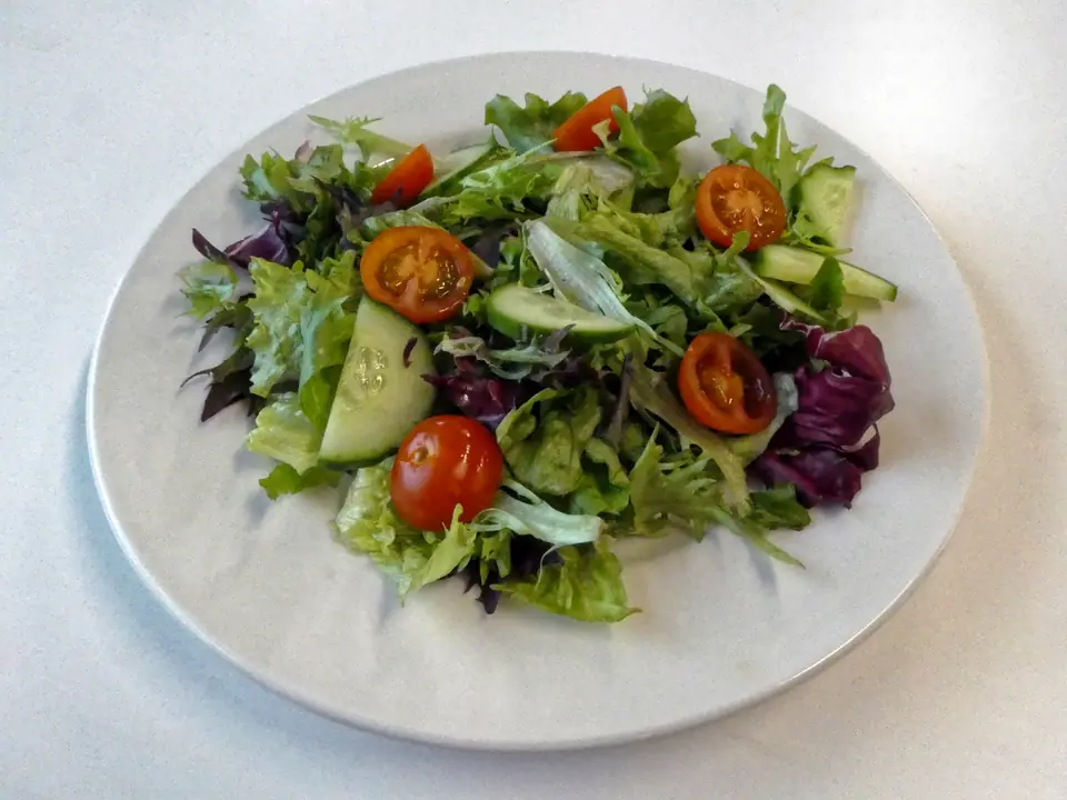 Ensalada verde de guarnición con tomates cherry, pepino y repollo morado en un plato blanco