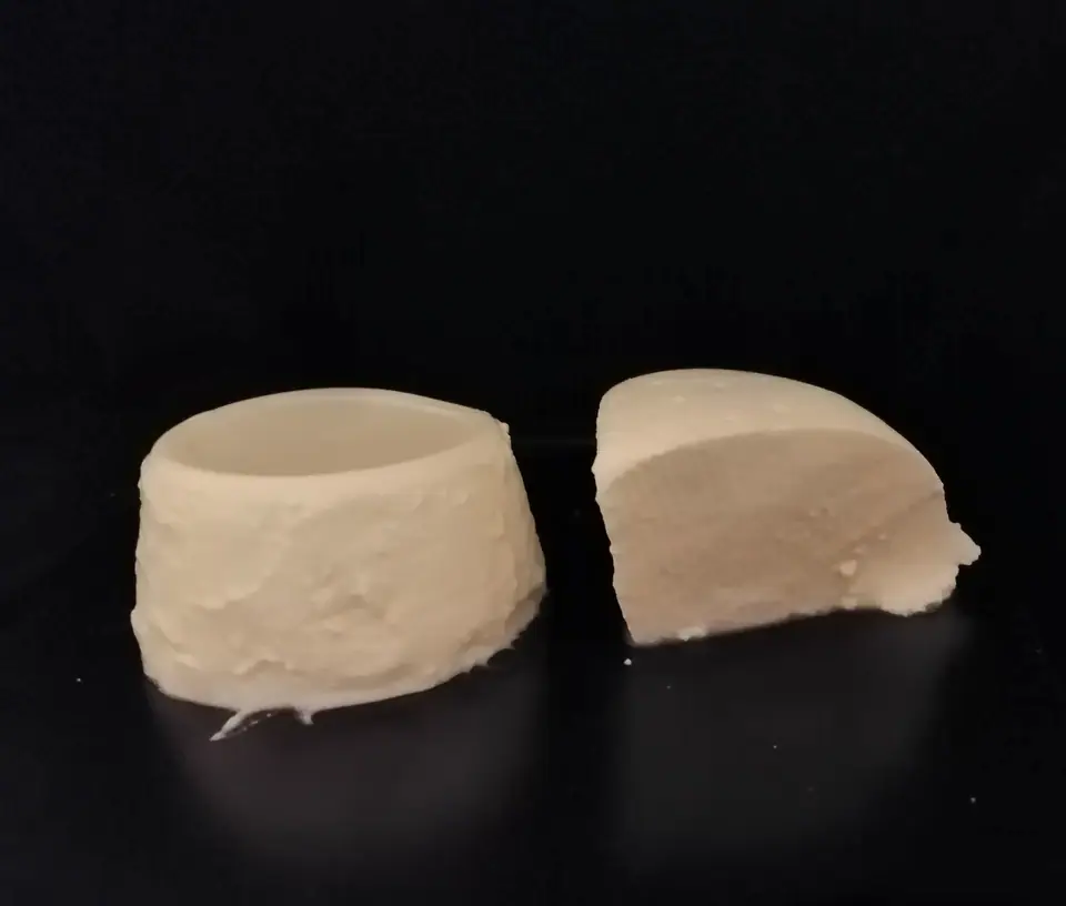 Horma pequeña de queso fresco blanco cortada en dos, sobre fondo negro