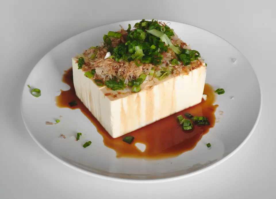 Bloque de tofu blanco servido en un plato con cebolla de verdeo, escamas de bonito y salsa oscura